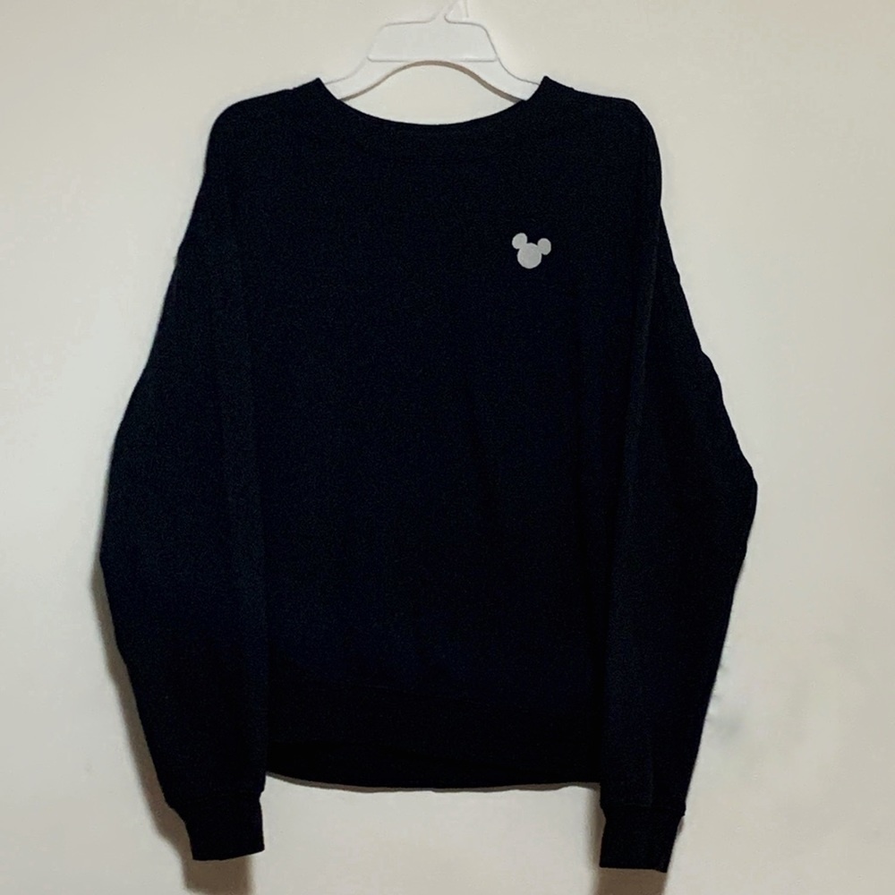 black crewneck, white embroidered mickey mouse face 🖤